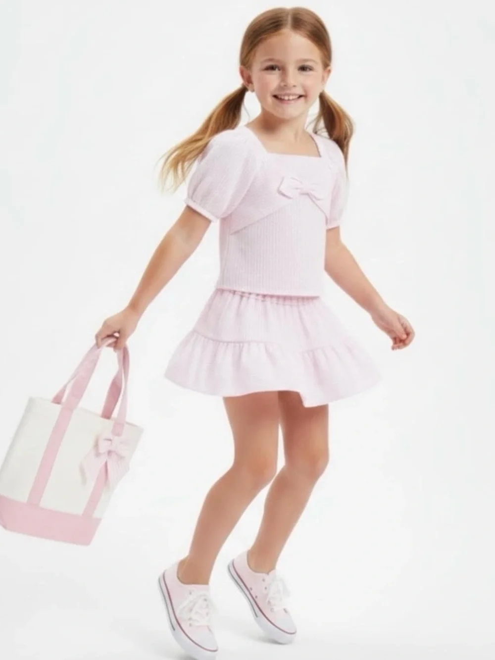 Sperry Light Pink Seersucker Puff Sleeve Top with Bow and Skirt Set